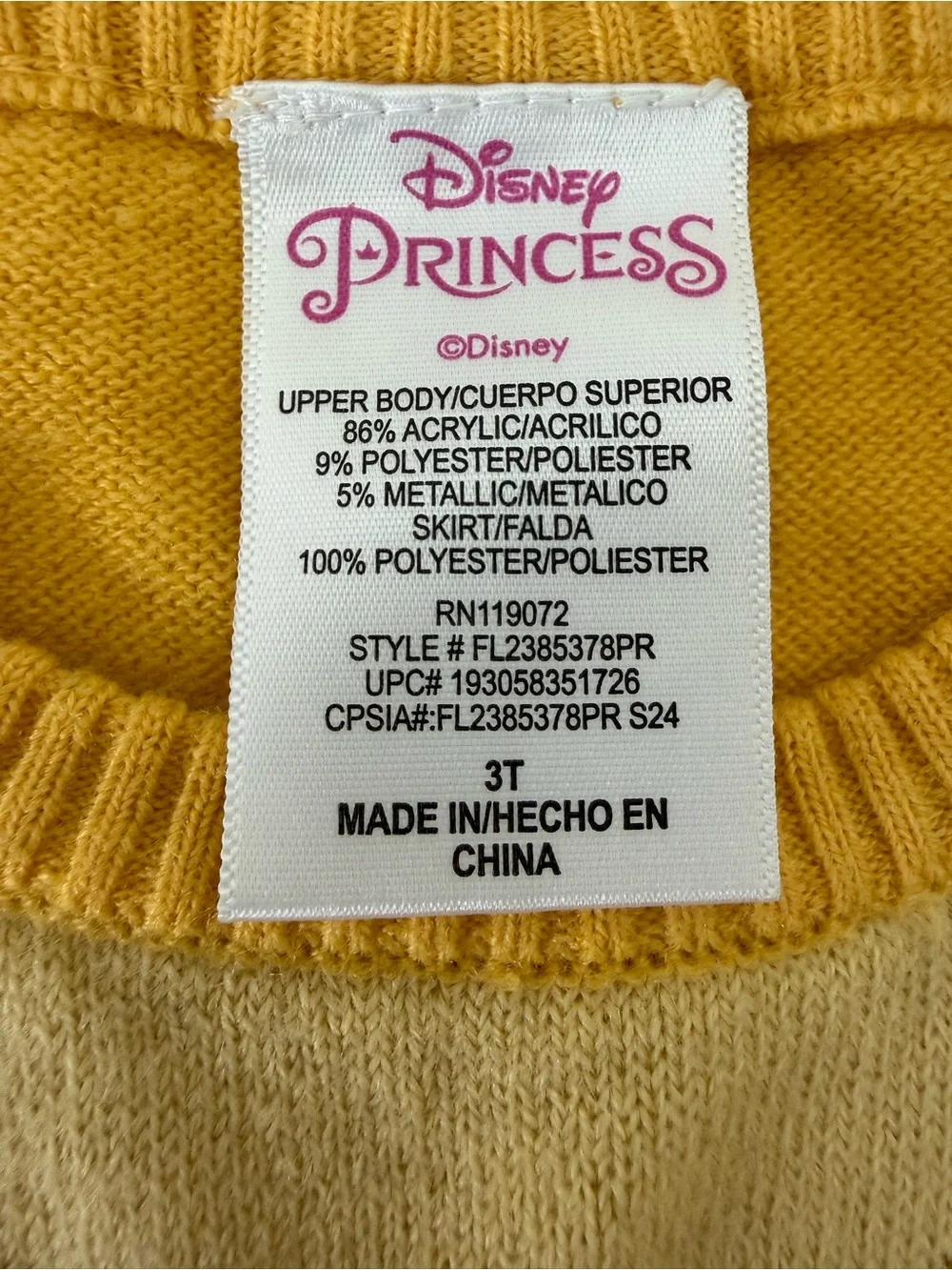Disney Princess Belle Yellow Sweater Dress Tulle Tutu Toddler Girls Size 3T
